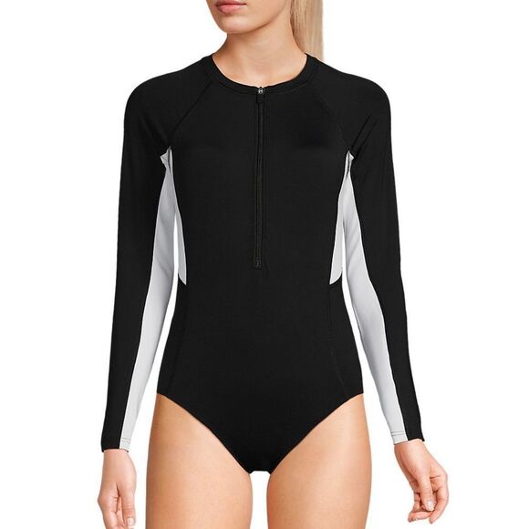 Land's End Long Sleeve Rash Guard Black White One Piece Swimsuit Bathing Suit 12 - Picture 1 of 5